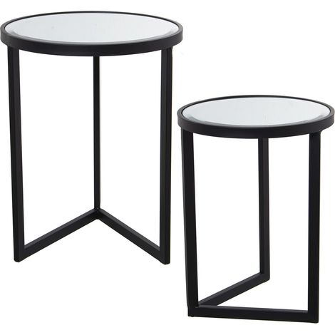 Lot de 2 Tables d'appoint Rondes en métal et Miroir en Noir Mat 42 x 54 cm et 36 x 48 cm (1/4)