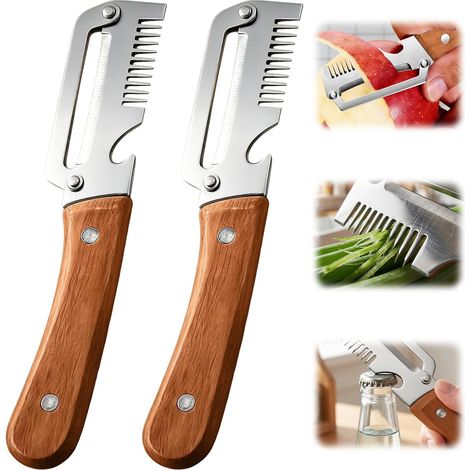 Multifunktionales Küchenschäler-Set mit Holzgriff, 3-in-1 Obst- und Gemüseschäler, inklusive Flaschenöffner und Reibe.