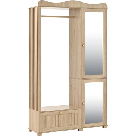 Garderobenschrank en MDF avec miroir pleine longueur, 2 portes, tiroir et porte-manteau ouvert, couleur chêne, 115,5 x 38,5 x 194,5 cm (1/5)