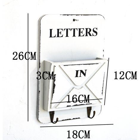 Wooden Letterbox with Key Hook, Retro Wall Mount Key Holder Mail Holder Organiser Wall Decoration(White) (1/4)