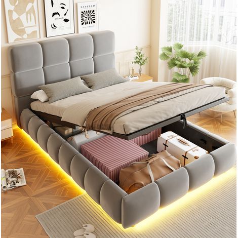 Etagenbett 90 x 200 cm mit LED und Stauraum, graues Polsterbett aus Samt mit weichem Kopfteil (1/5)