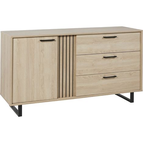 Design-Buffet 165cm mit 1 Tür und 3 Schubladen für das Wohnzimmer in hell Eichenfarbe, Kollektion LOFT, mit Metallfüßen.