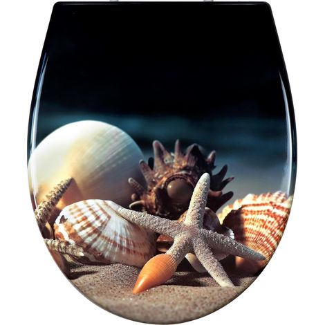 Abattant WC avec système d'abaissement automatique, couvercle de toilette en Duroplast avec fermeture rapide, siège de toilette avec motif (étoile de mer) (1/5)