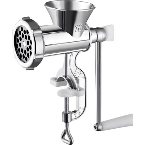 Hachoir à viande manuel en acier inoxydable – Avec grilles de hachage (8 mm) et embout à saucisse – Inclut étau de fixation et brosse de nettoyage – Pour viande et légumes (1/4)