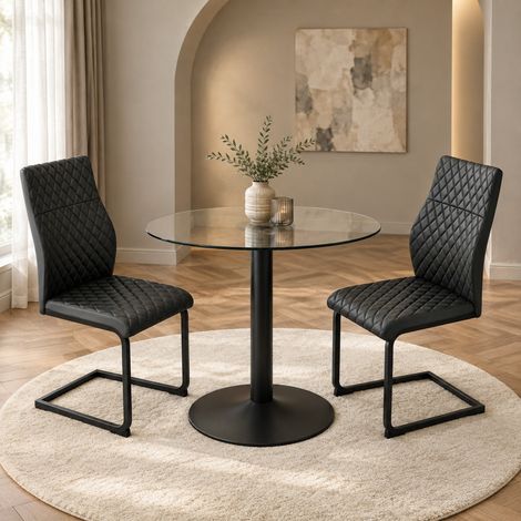Runder Esstisch aus Glas 85 cm mit 2 schwarzen Stühlen, OKMYHOME (1/5)