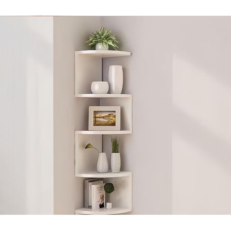 Vintage Eckwandregal mit 5 Ebenen – MDF-Holzregal für Bücheraufbewahrung – Maße 20 x 20 x 86 cm – einfache Montage, Weiß