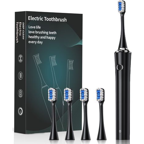 Brosse à dents électrique - 5 modes et 4 têtes de brosse, nettoyage en profondeur (noire)-AquaForge