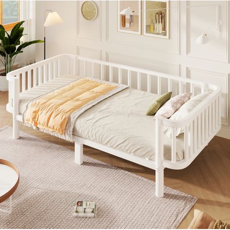 Cama infantil de metal de 90x200 cm, estructura de acero, ahorra espacio, somier de láminas, blanco (1/5)