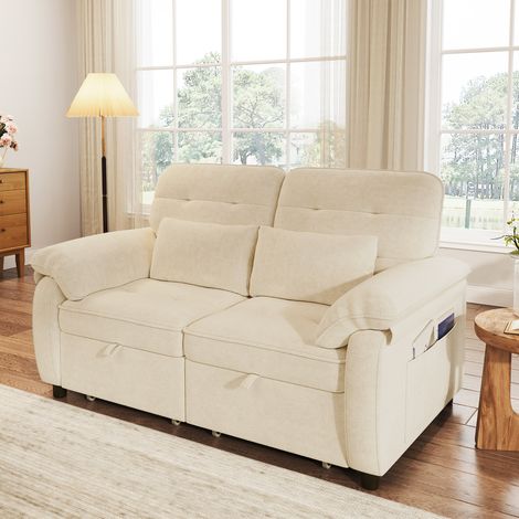 Canapé-lit 3 en 1 2 places 142 x 90 x 86,5 cm en chenille beige dossier réglable USB-C 2 coussins convertible compact chic salon zen (1/5)