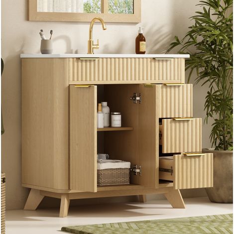 Meuble sous vasque 81 cm avec 3 tiroirs, portes à fermeture amortie, naturel, 81x47x90 cm (1/5)