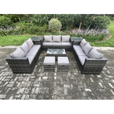 Fimous 11Seater Outdoor Lounge Sofa Set Wicker PE Rattan Garden Furniture Set with Oblong Coffee Table 2 Side Tables 2 Small Footstools Dark Grey Mixed (1/4)