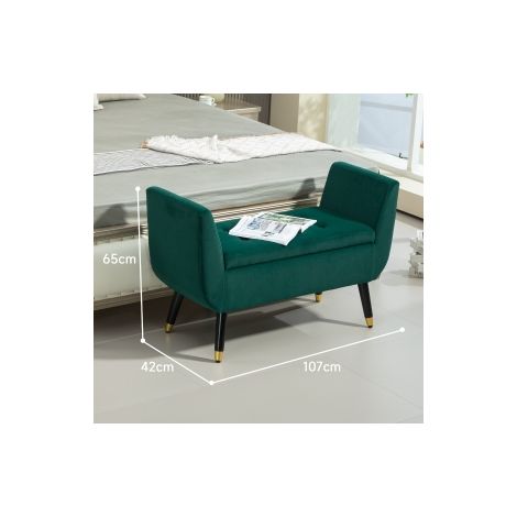 Banc rembourré luxe avec rangement et accoudoirs, banc coffre, polyester aspect velours, bois de caoutchouc, vert, 107 x 42 x 65 cm (1/5)