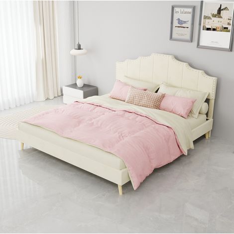 Letto moderno imbottito 160x200 cm, tessuto beige e metallo, con testiera geometrica e rete a doghe (1/5)