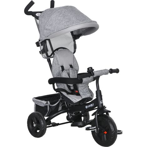 Trike poussée 4-en-1 1-5 ans, auvent sécurité 5 points, gris, rangement, frein, poussette vélo, mobilier enfant