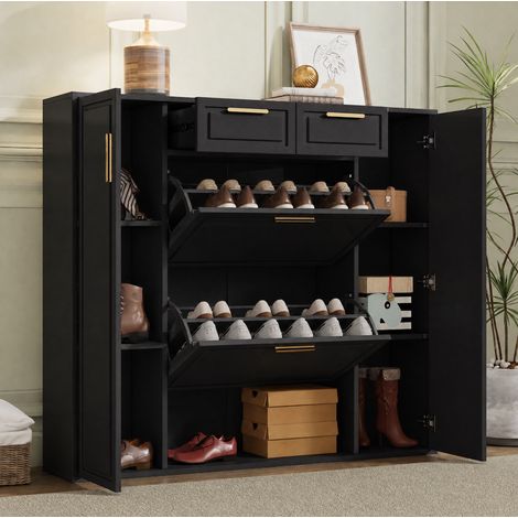 Schuhschrank 95x24x107.5 cm schwarz aus Spanplatte mit verstellbaren Regalen, Schubladen und Kippsicherung (1/5)
