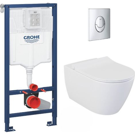 Grohe Pack WC Bâti-support Rapid SL + WC sans bride LIVEA Bello + Abattant softclose + Plaque Chrome (RapidSL-Bello-2)