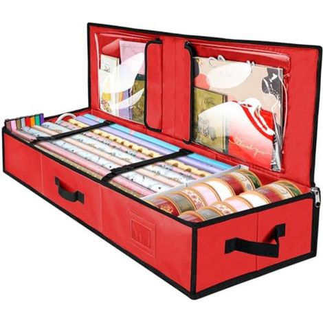 Sac de rangement en tissu Oxford pour emballage cadeau, avec séparateurs flexibles pour rubans et accessoires de fêtes (Rouge) (1/4)