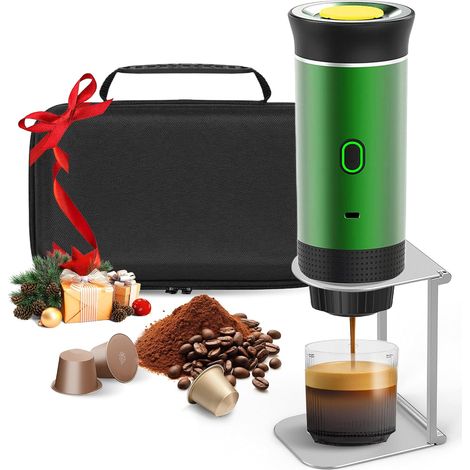 Machine à Café Portable, 3 en 1 Cafetière Expresso avec Support et Sac, Batterie Rechargeable 7500mAh, Compatible Capsules et Café Moulu, Pour Voyage, Camping, Voiture, Bureau (Vert) (1/5)