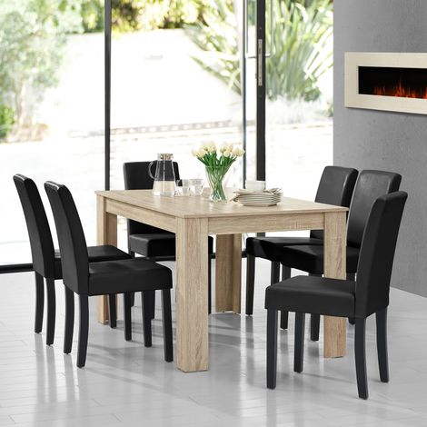 Mesa de comedor + 6 sillas Forssa MDF y polipiel 140x90x77cm - Roble claro + Negro [en.casa] (1/5)