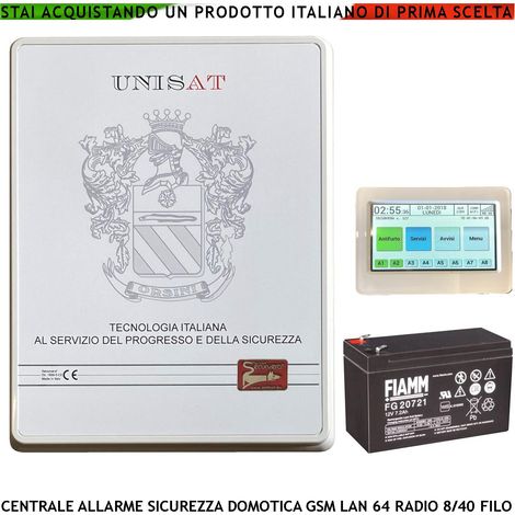 Impianto Allarme Filo Esistente Sostituzione Centrale Unisat 8 Zone Optional 40 Gestita da RFID Radiocomando da APP 8 Aree 50 Utenti Funzioni Programmabili Domotica GSM/GPRS LAN Batteria 12 V 7 Ah (1/4)