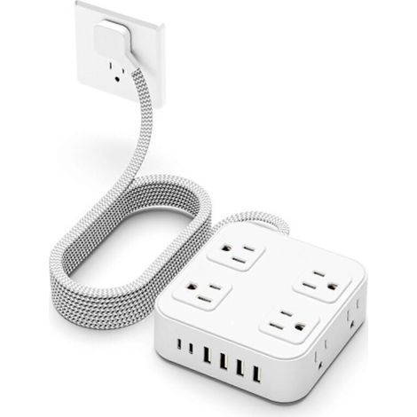 Câble d'extension plat ultra-mince. 1.5 mètre. multiprise mince. avec port USB (1 port USB-C). chargeur mural à connecteur plat avec protection contre les surtensions et 3 prises. (1/5)