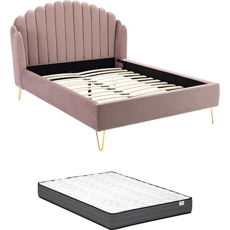 Lit 140 x 190 cm avec tête de lit ondulée - Velours - Vieux rose + Matelas - SAGALI (1/5)