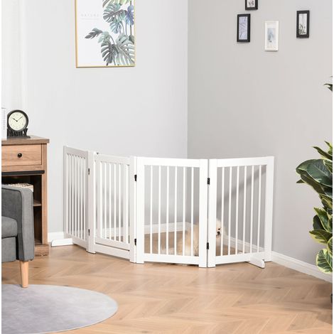 Barrera plegable para perro de 4 paneles con puerta, 220 x 91 cm, madera blanca, OKWISH (1/5)