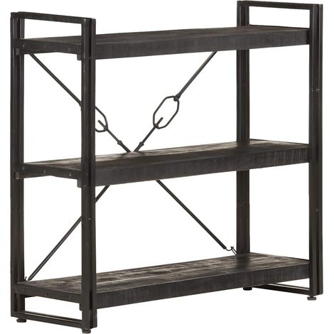 Bibliothèque à 3 niveaux Étagère de Rangement - pour Bureau Salon Chambre Cuisine Noir 90x30x80 cm Bois de manguier BV261428 - BonneVie (1/5)