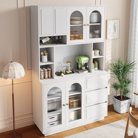 Meuble buffet haut avec portes acryliques cintrées, rangement de cuisine et bar à étagères ouvertes, éclairage LED multicolore pilotable par application, armoire de salon pour provisions (1/5)