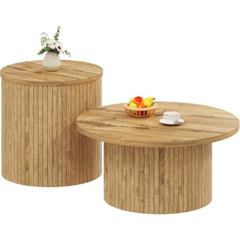 Table basse ronde gigogne en bois naturel, design scandinave, lot de 2