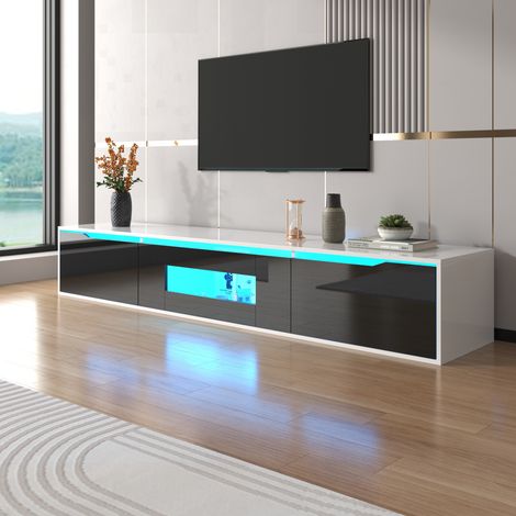 Meuble TV brillant, LED meuble TV à portes coulissantes, meuble TV à 3 compartiments, technologie moderne-design, noir et blanc (1/5)