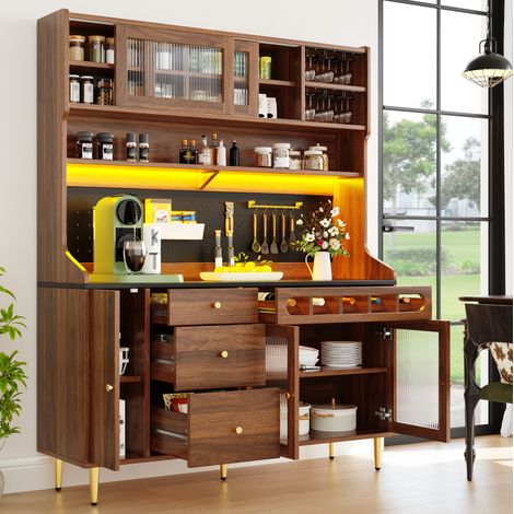 Mueble alto de almacenaje 145x39x171 cm en MDF, vidrio, nogal, LED, ahorro de espacio – MEUBLIV (1/5)