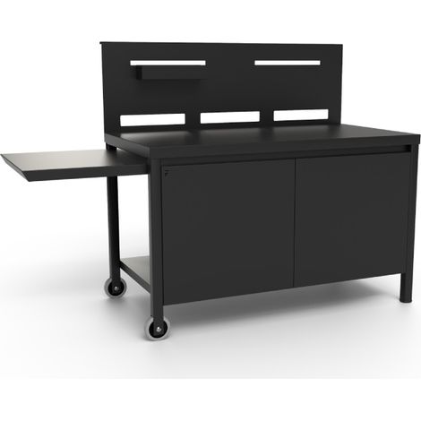 Forge Adour – Table roulante crédence fermée – Noir – 2 portes – Bac de rangement – Tablette latérale rabatable – Compatible avec planchas