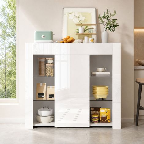 MEUBLIV Aparador negro 95x35x83 cm – frontal brillante, baldas de cristal y puerta (1/5)