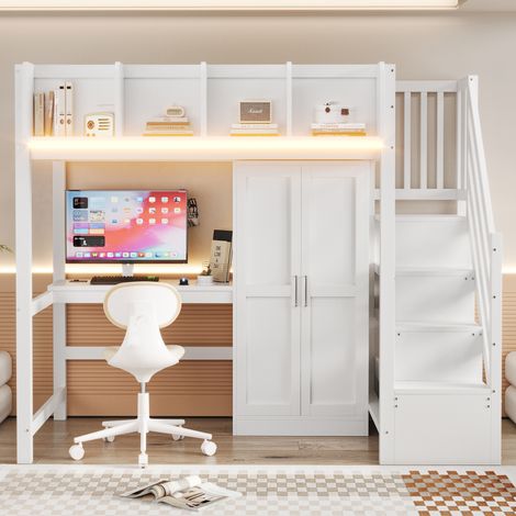 Lit Mezzanine - LED, Prises, Rangement - 90x200 cm - Bureau et Placard Intégrés, Escalier Rangements - Bois - Blanc (1/5)