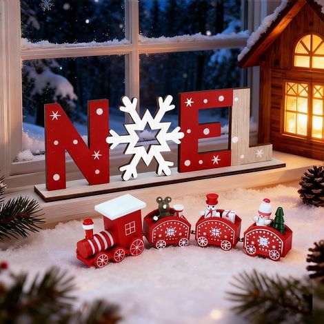 rain de Noël en Bois Lettre en Bois Ornement Bois Decoration Noël Table de Noël Boule de Noël Lettre Noël Cadeau Jouets Fenêtres Vitre Décoration (Rouge + Noel) (1/5)