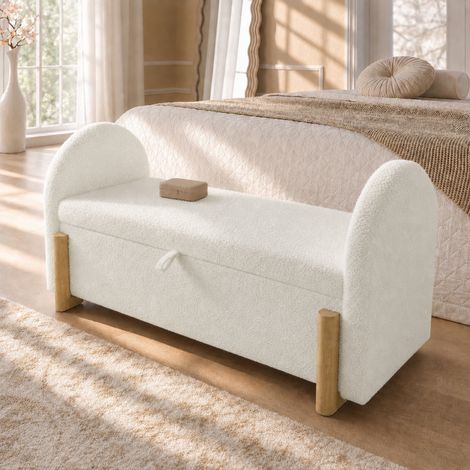 Table de chevet avec rangement hydraulique, 106 cm, blanche - revêtue de tissu bouclé, table de chevet avec rangement, mécanisme de fermeture amortie, pieds en hévéa en forme de U, charge maximale 150 (1/5)
