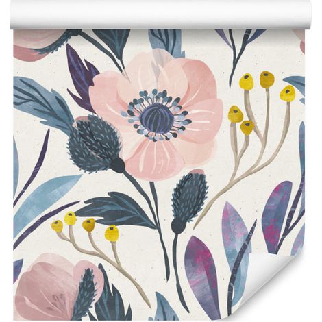 Papel pintado retro con flores en tonos pastel para salón y dormitorio, 50x1000 cm. (1/5)