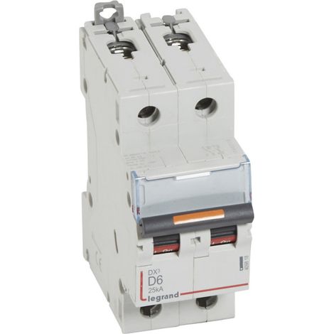 Disjoncteur DX³ 25kA arrivée haute et départ bas à vis 2 Pôles de 230V à 400V 6A courbe D 2 modules LEGRAND 409818