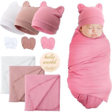 Couverture pour Bébé Nouveau-né Couverture d'emmaillotage Douce pour l'emmaillotage du Nourrisson Couverture Chaude pour l'emmaillotage du Bébé avec Bandeau d'oreille d'ours et gants