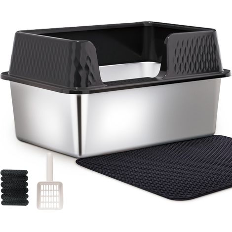 Bac à litière en acier inoxydable pour chat Bac à litière métallique pour chat robuste, bac à litière à côtés hauts avec rebord détachable et clôture Bac à litière grand et durable pour chat (1/5)