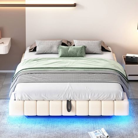 Sommier capitonné 160x200 avec relevage hydraulique et rangements, sans tête de lit, toile beige, led (1/5)