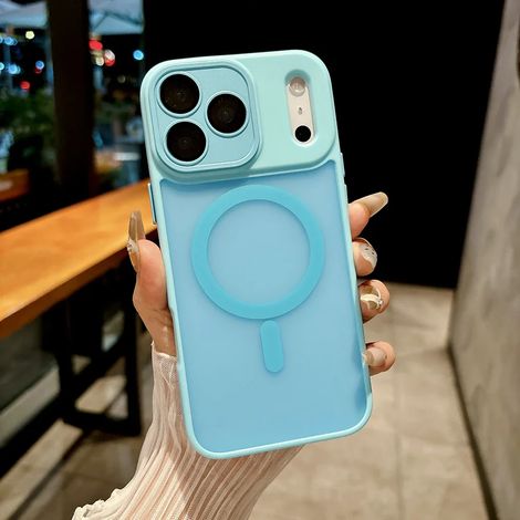 (Bleu ciel, iPhone 16) Coque de téléphone mate semi-transparente, compatible avec la recharge sans fil magnétique, protection antichoc.