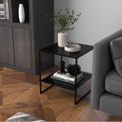 Mesa auxiliar de acero 40 x 40 x 45 cm negra, mesita de noche con estante abierto (1/5)
