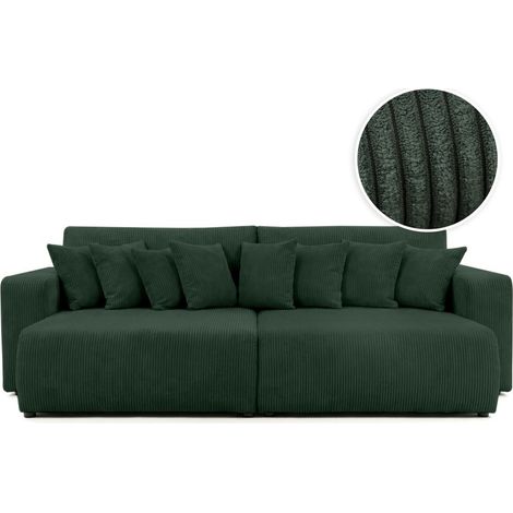 Canapé droit 4 places JADE double méridienne et assise profonde en velours côtelé - Vert foncé