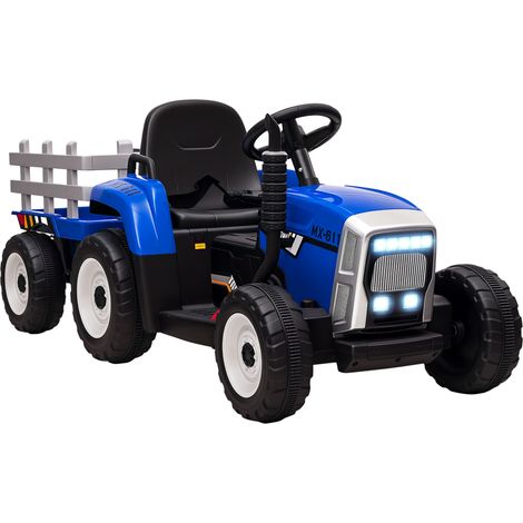 Ride On Tractor, Battery Powered Electric Car, with Detachable Trailer, Remote Control, Music, Blue