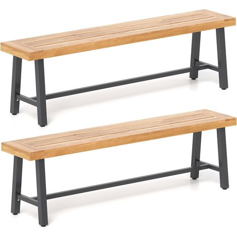 COSTWAY Set di 2 Panchine da Giardino in Legno di Acacia a 3 Posti, Panca da Esterno Senza Schienale con Gambe in Metallo, Panca Capacità di 360 kg per Ingresso, Cortile e Balcone, 160 x 32 x 45 cm (1/5)