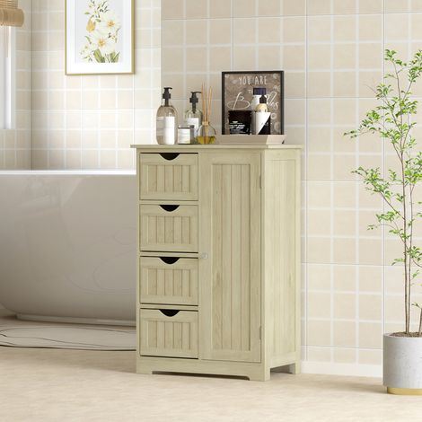 Mobiletto da bagno, colonna stretta con 4 cassetti e ripiano regolabile, stile moderno, 56x30x83 cm, legno naturale.