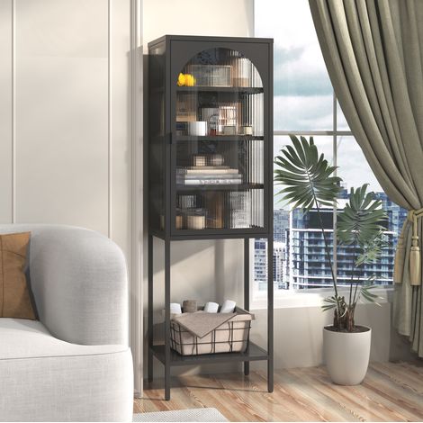 Vitrina de metal y vidrio negro con puerta de vidrio estriado y 3 baldas regulables (1/5)