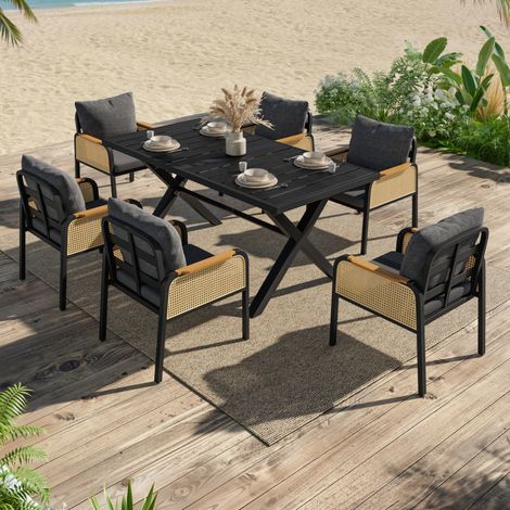 Gartenmöbel Set mit Tisch und 6 Stühlen Schwarz OKMYHOME (1/5)